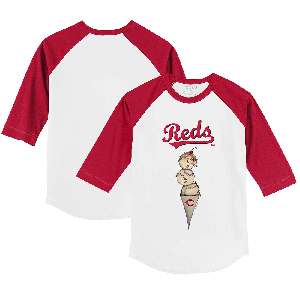 Youth Tiny Turnip White/Red Cincinnati Reds Triple Scoop 3/4-Sleeve Raglan T-Shirt