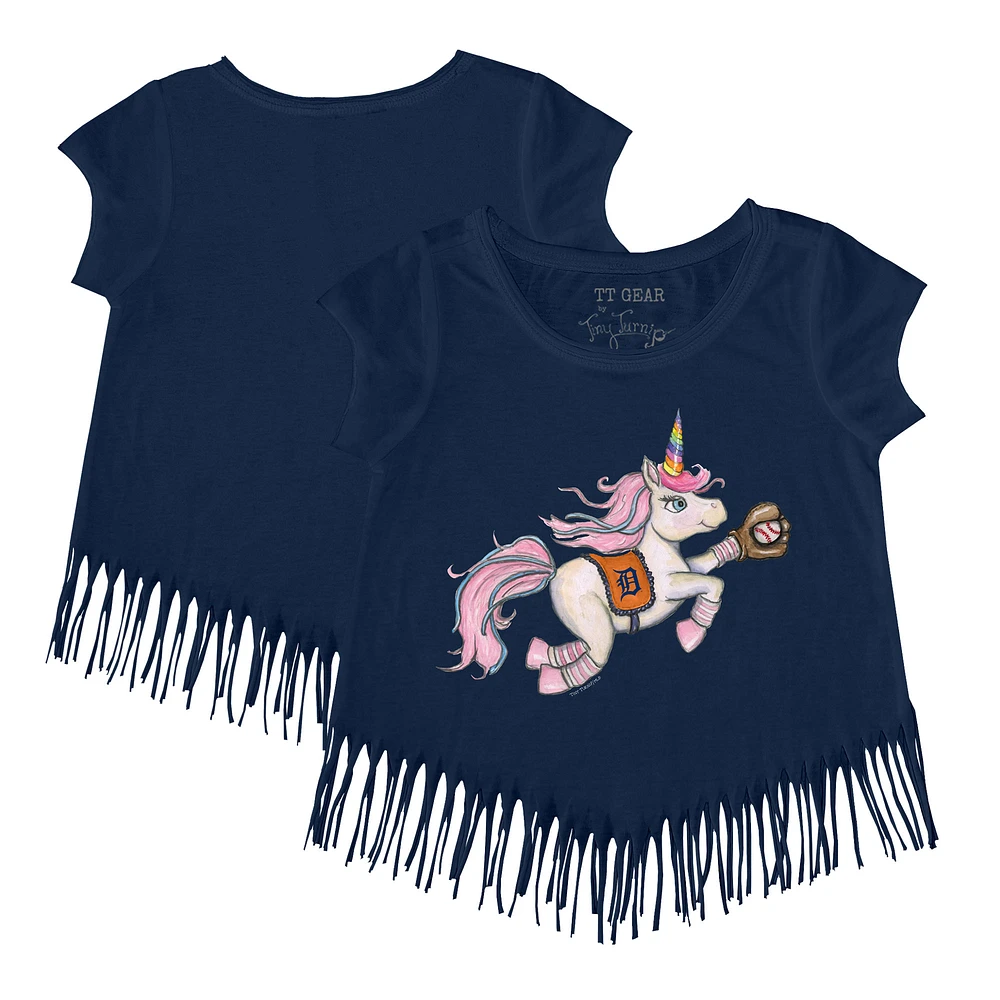 Girls Youth Tiny Turnip Navy Detroit Tigers Unicorn Fringe T-Shirt