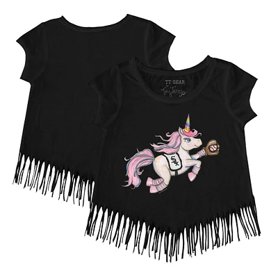 Girls Youth Tiny Turnip Black Chicago White Sox Unicorn Fringe T-Shirt
