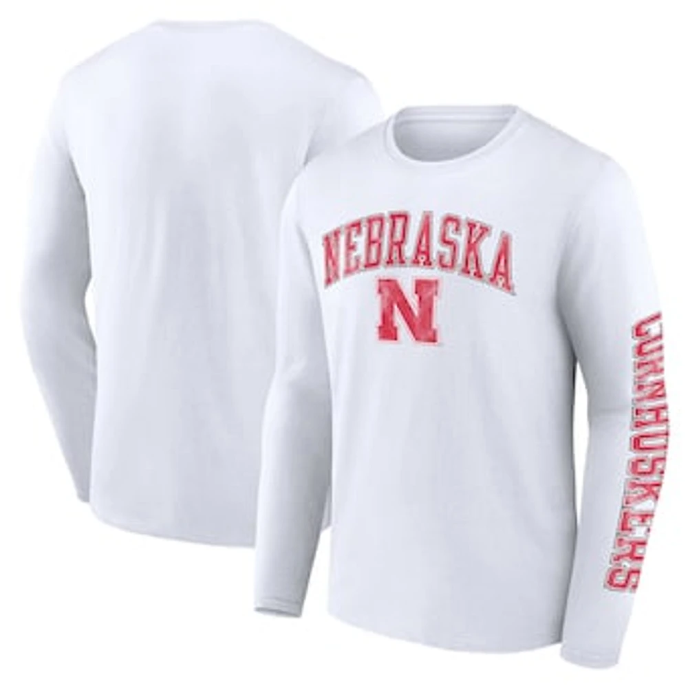 Men's Fanatics White Nebraska Huskers Distressed Arch Over Logo Long Sleeve T-Shirt