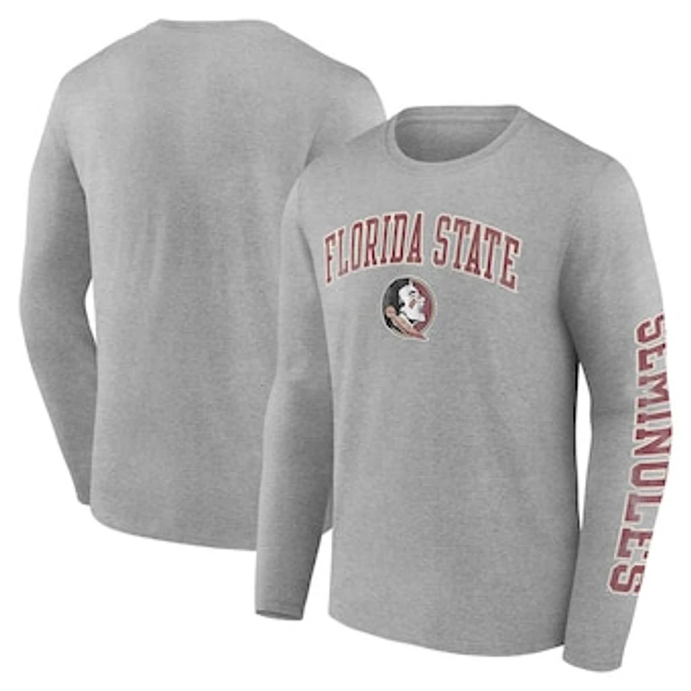 Men's Fanatics Heather Gray Florida State Seminoles Distressed Arch Over Logo Long Sleeve T-Shirt