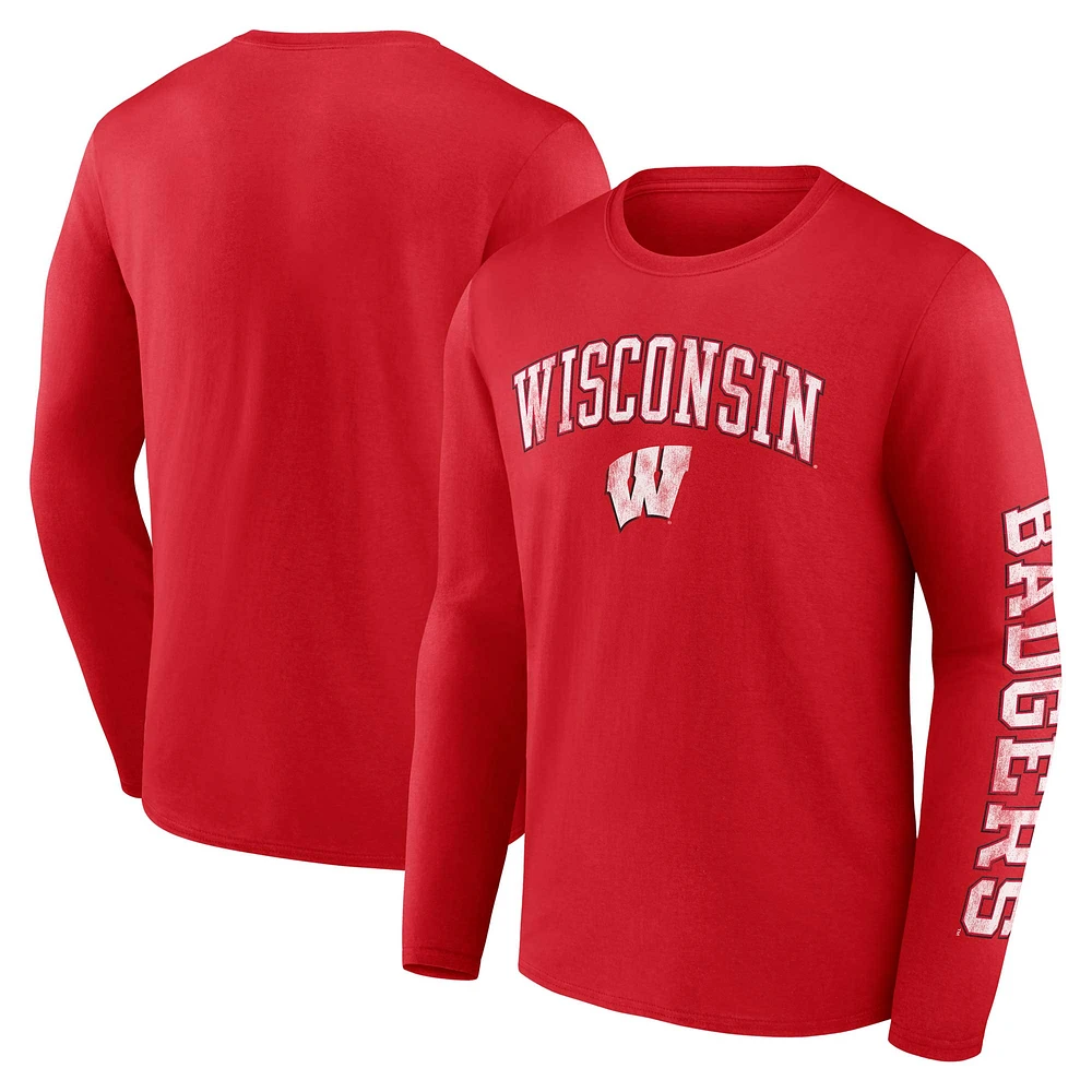 Men's Fanatics Wisconsin Badgers Distressed Arch Over Logo Long Sleeve T-Shirt