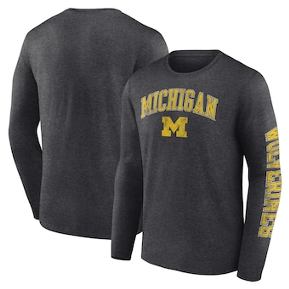 Men's Fanatics Heather Charcoal Michigan Wolverines Distressed Arch Over Logo Long Sleeve T-Shirt