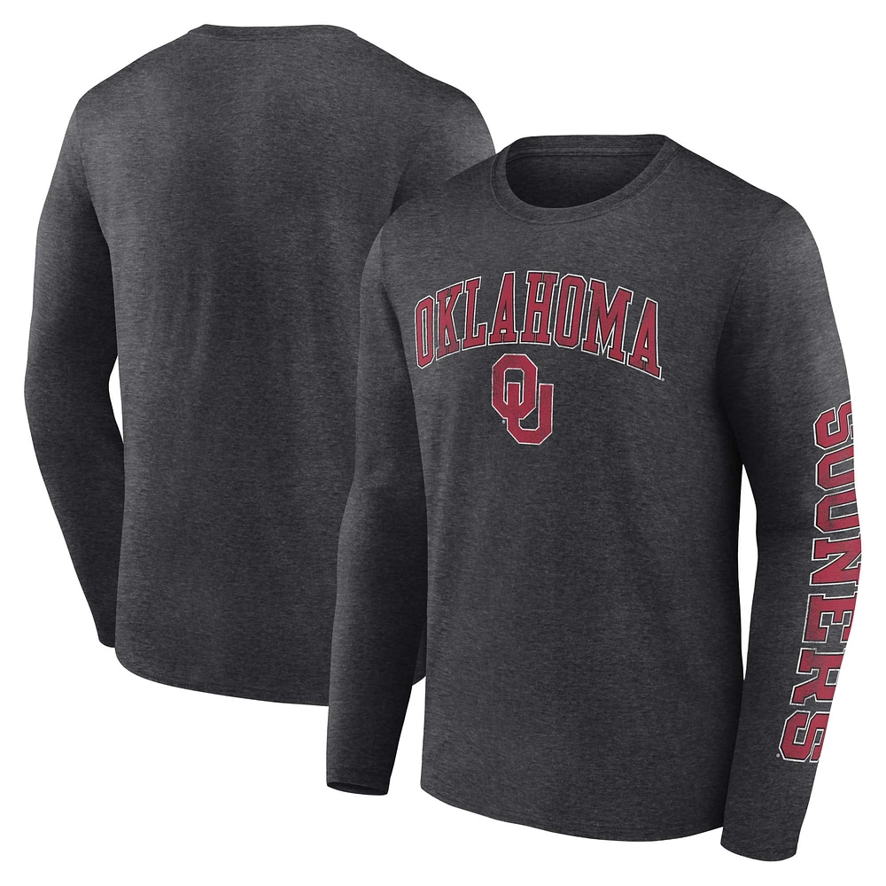 Men's Fanatics Heather Charcoal Oklahoma Sooners Distressed Arch Over Logo Long Sleeve T-Shirt