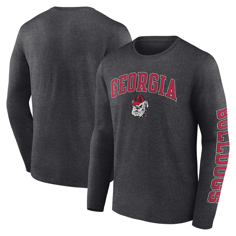 Men's Fanatics Heather Charcoal Georgia Bulldogs Distressed Arch Over Logo Long Sleeve T-Shirt