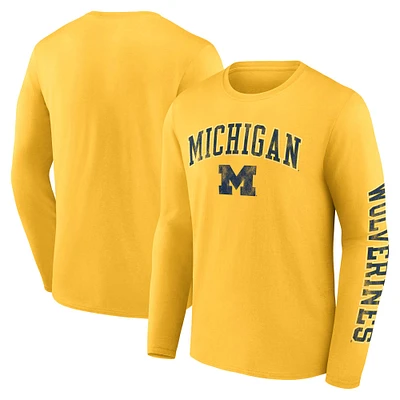 Men's Fanatics Maize Michigan Wolverines Distressed Arch Over Logo Long Sleeve T-Shirt