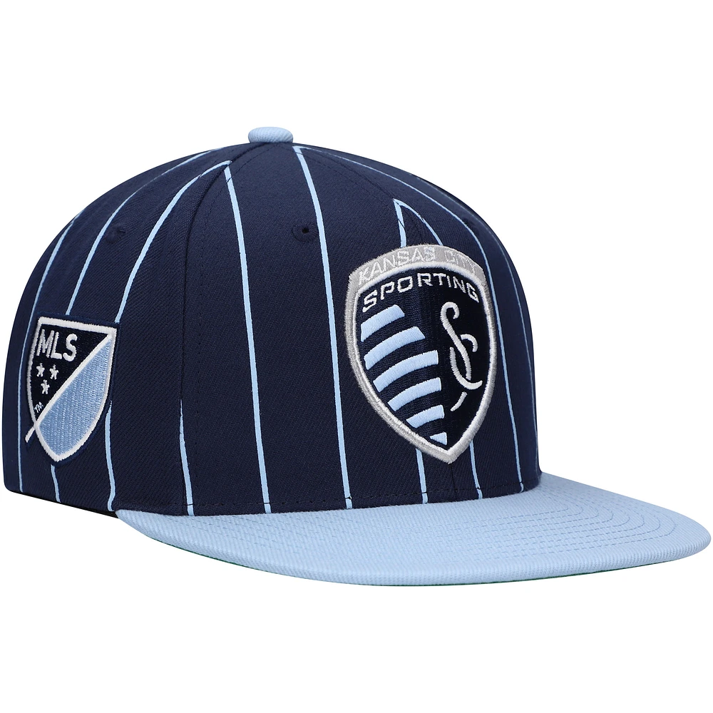 Men's Mitchell & Ness Navy Sporting Kansas City Team Pin Snapback Hat