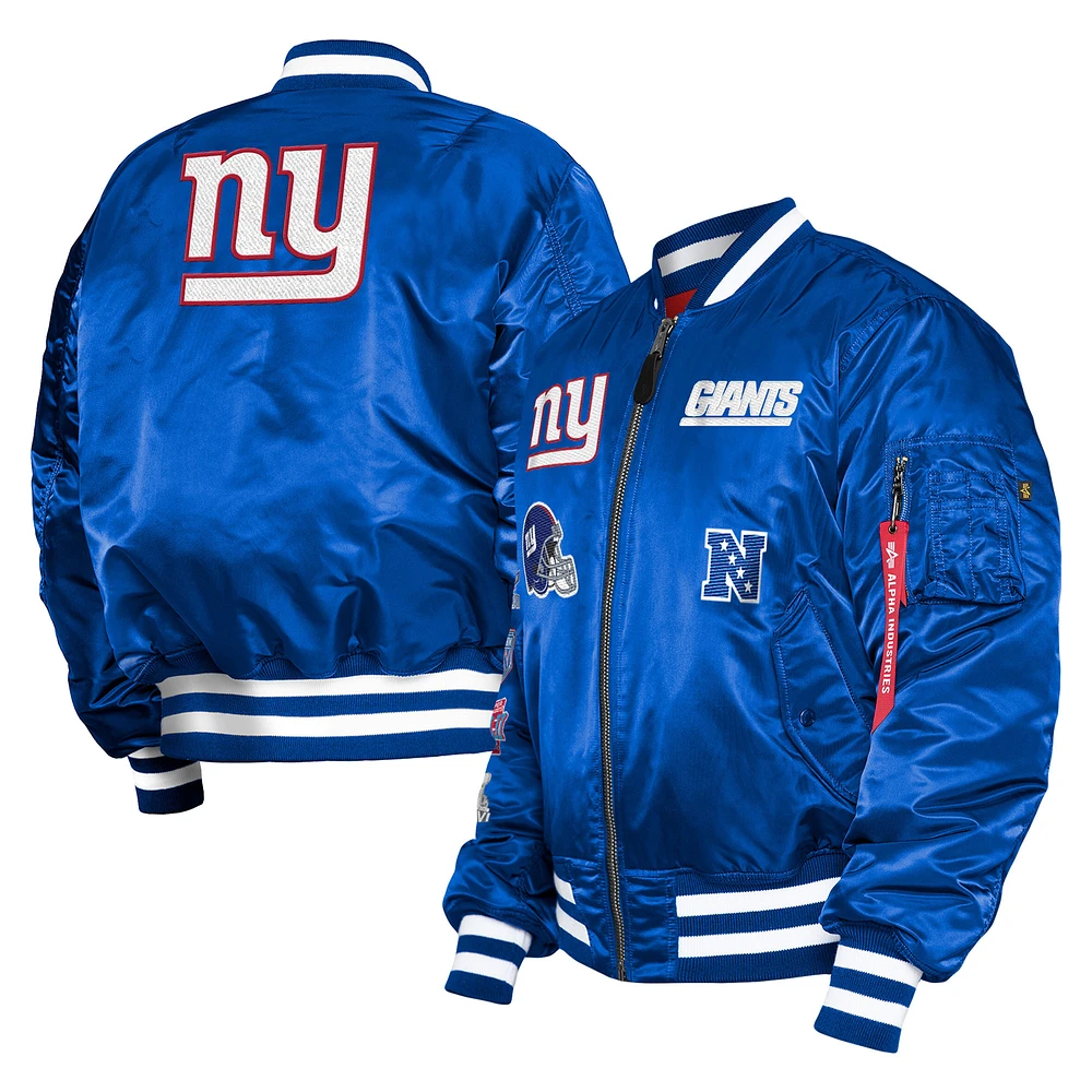 Men's New Era x Alpha Industries Royal New York Giants Reversible Full-Zip Bomber Jacket