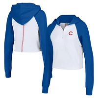 Women's Lusso White Chicago Cubs Jane Raglan Quarter-Zip Tri-Blend Cropped Pullover Hoodie