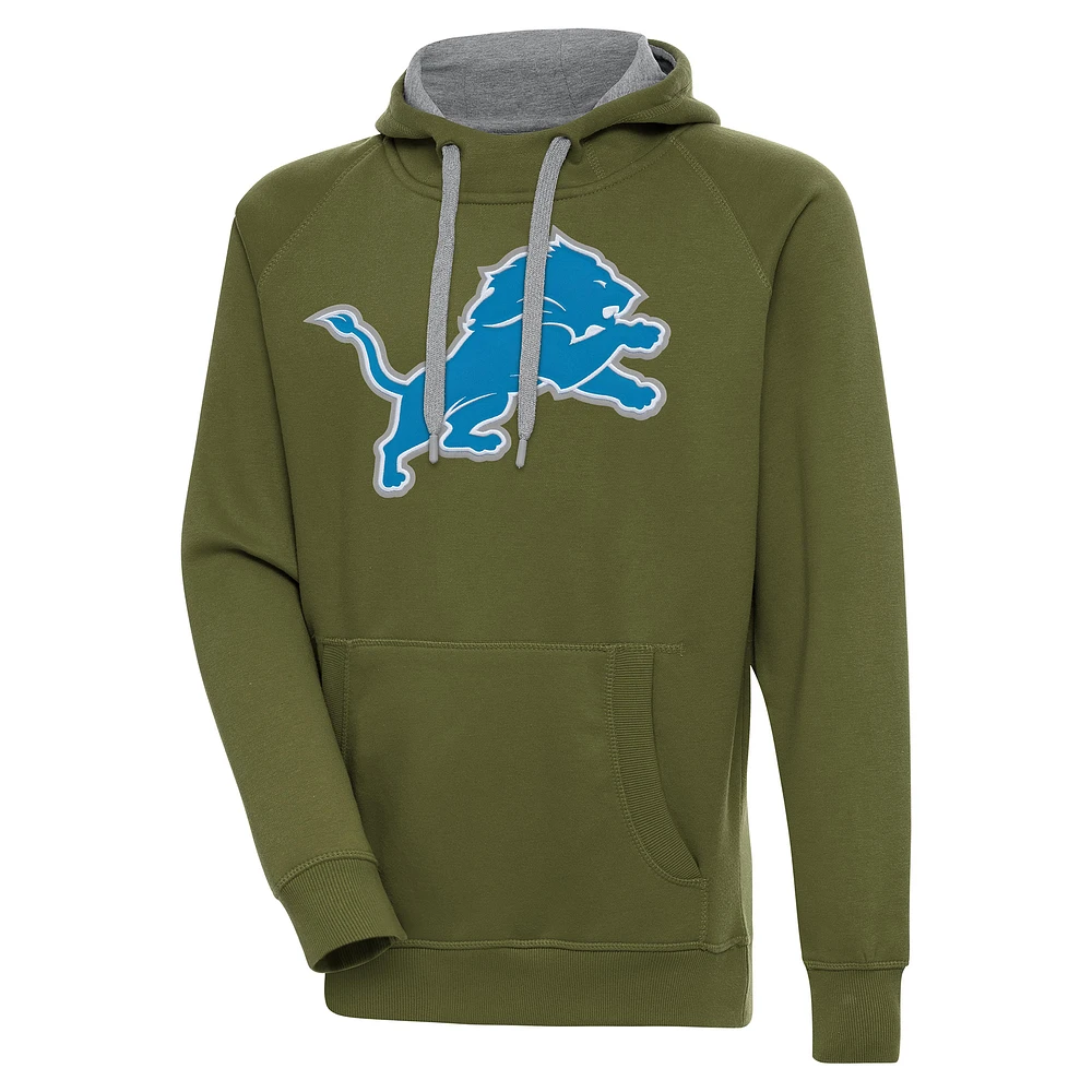 Men's Antigua Olive Detroit Lions Primary Logo Victory Pullover Hoodie