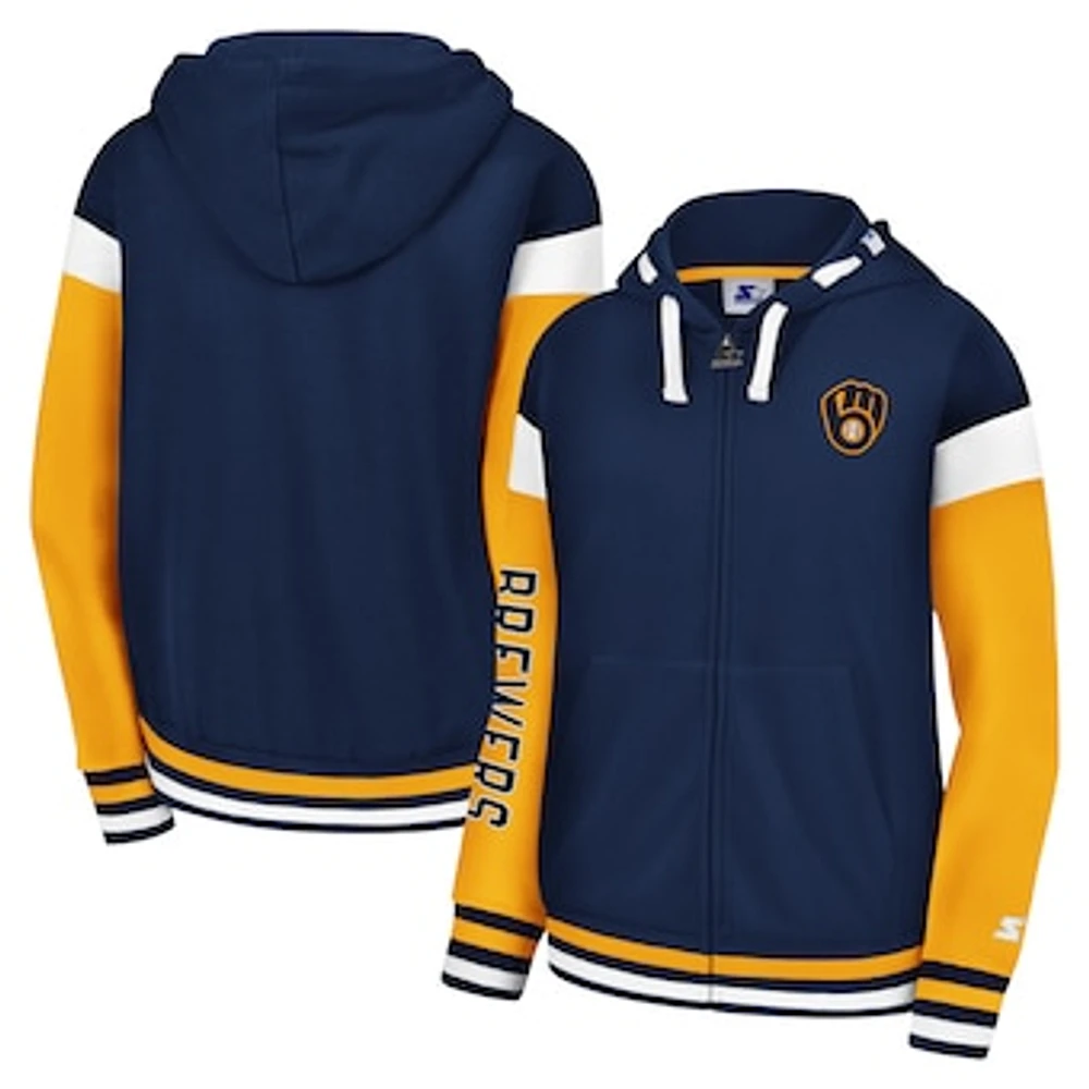 Women's Starter Navy Milwaukee Brewers Homestretch Full-Zip Hoodie