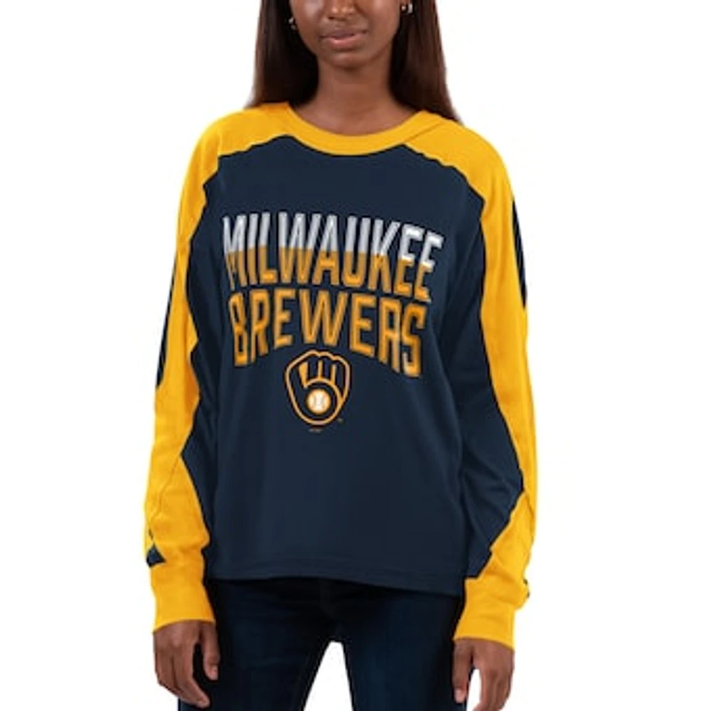 Women's G-III 4Her by Carl Banks Navy/Gold Milwaukee Brewers Smash Raglan Long Sleeve T-Shirt