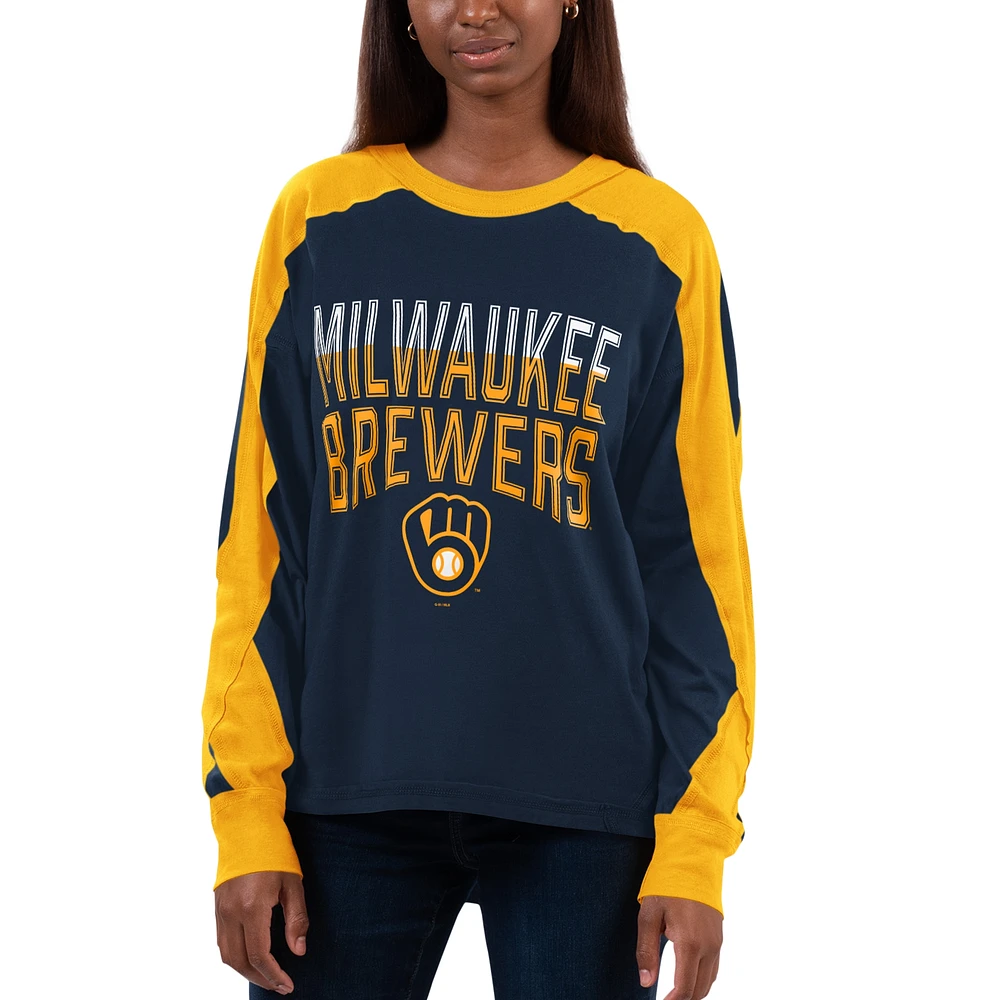 Women's G-III 4Her by Carl Banks Navy/Gold Milwaukee Brewers Smash Raglan Long Sleeve T-Shirt