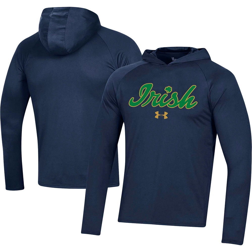 Men's Under Armour  Navy Notre Dame Fighting Irish School Logo Raglan Long Sleeve Hoodie Performance T-Shirt