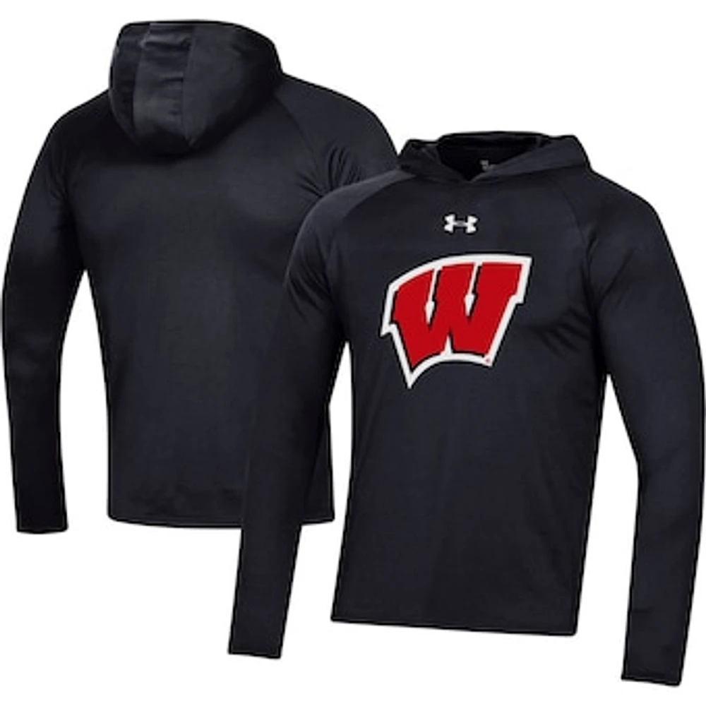 Men's Under Armour  Black Wisconsin Badgers School Logo Raglan Long Sleeve Hoodie Performance T-Shirt