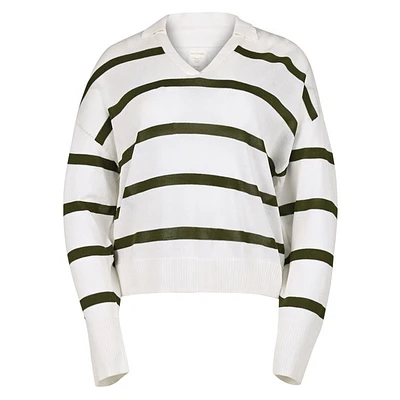 SOFT BREEZE OPEN COLLAR STRIPE SWEATER - WOMEN'S KNIT