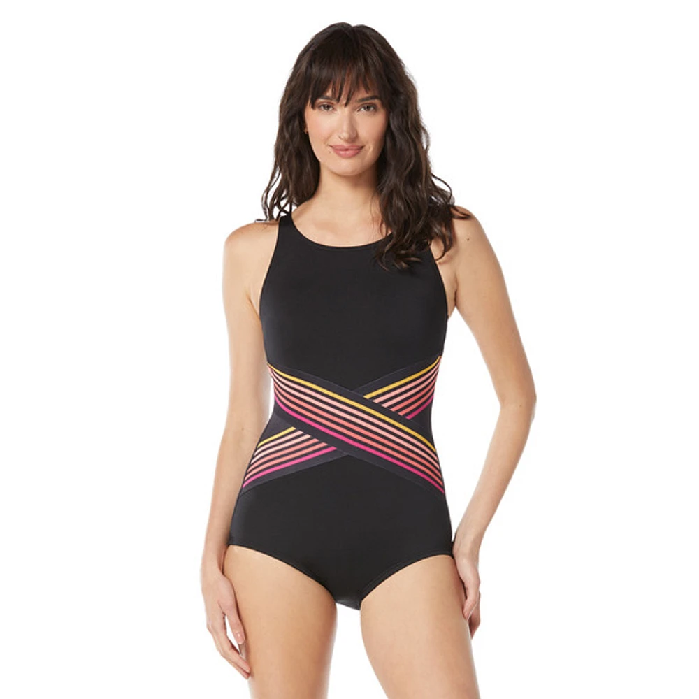 Retro Stripe High Neck - Women's Aquafitness One-Piece Swimsuit