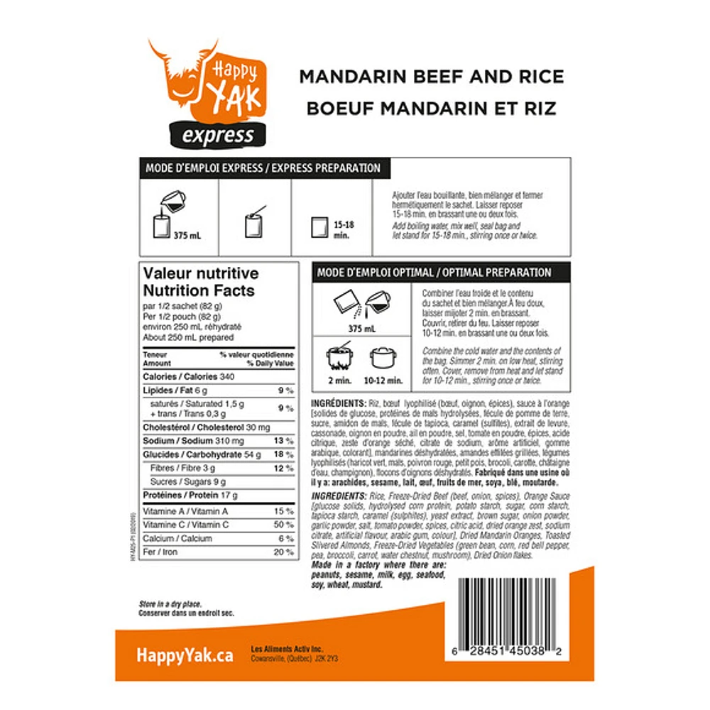 Bœuf mandarin et riz - Repas lyophilisé pour camping