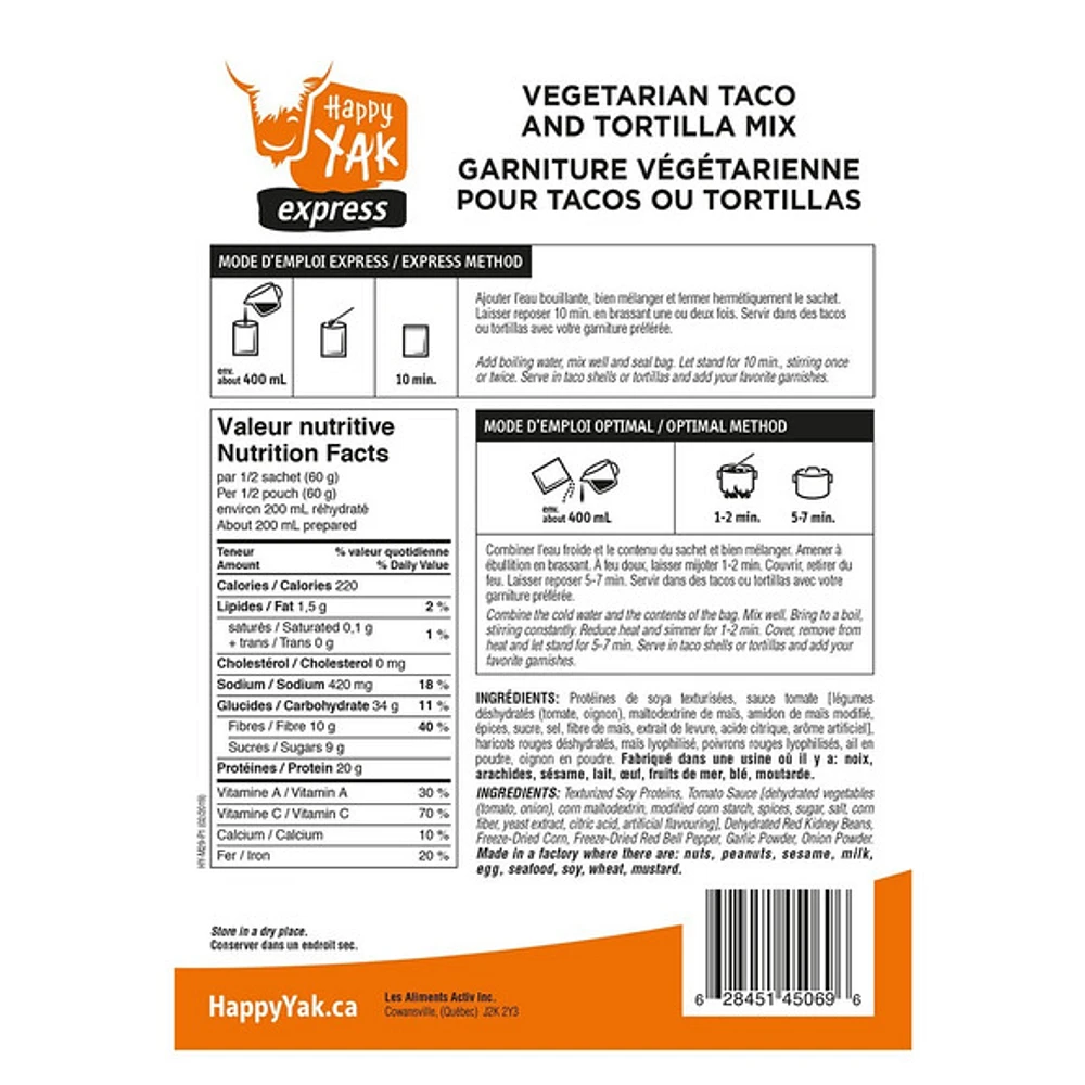 Vegetarian Taco and Tortilla Mix - Freeze-Dried Camping Food Meal