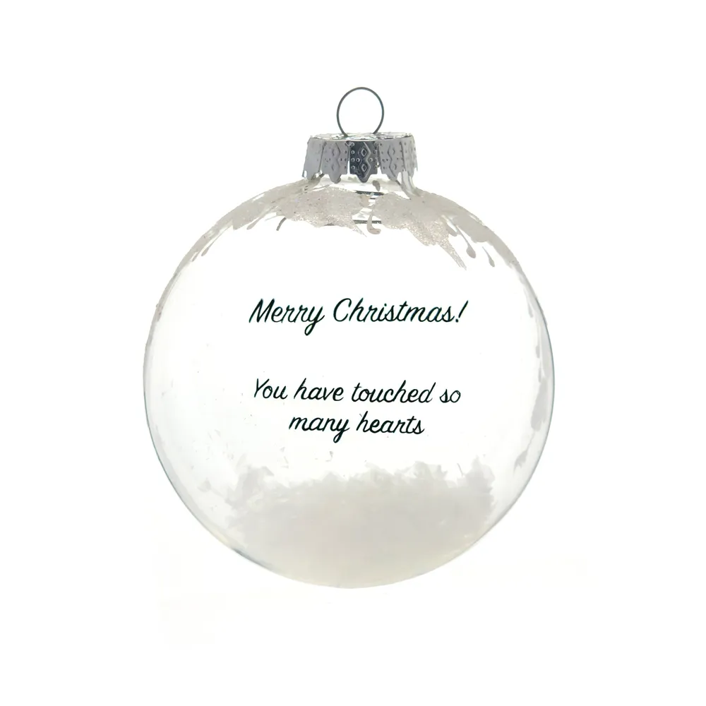 Clear Glass White Floral Design and Floating Text Ornaments