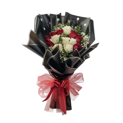 Red & White Longstem Roses in Premium Waterproof Floral Wrap