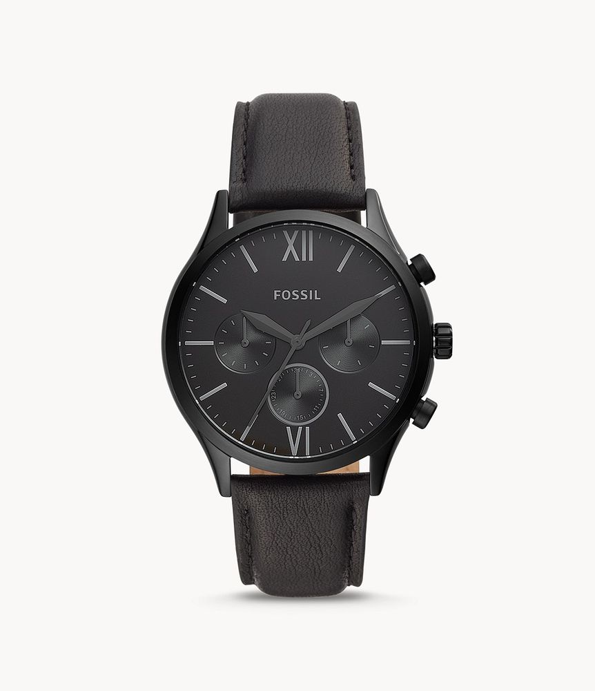 Montre multifonctionnelle Fenmore avec bracelet en cuir noir