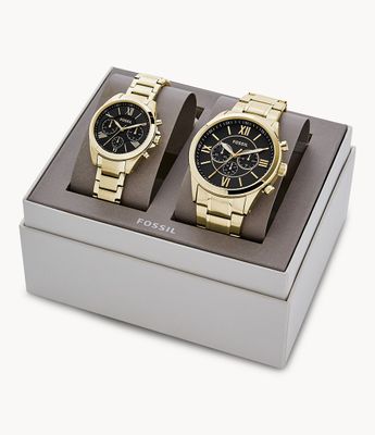 Coffret cadeau avec montre chronographe en acier inoxydable ton or pour elle et lui