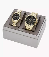 His and Her Chronograph Gold-Tone Stainless Steel Watch Gift Set