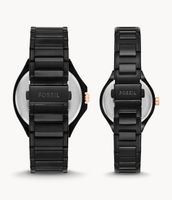 His and Her Multifunction Black Stainless Steel Watch Set