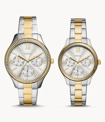 His and Hers Multifunction Two-Tone Stainless Steel Watch Set