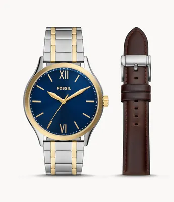 Coffret avec montre Fenmore  trois aiguilles en acier inoxydable bicolore et bracelet