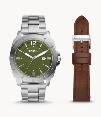 Coffret de montre  trois aiguilles avec date en acier inoxydable Privateer et bracelet