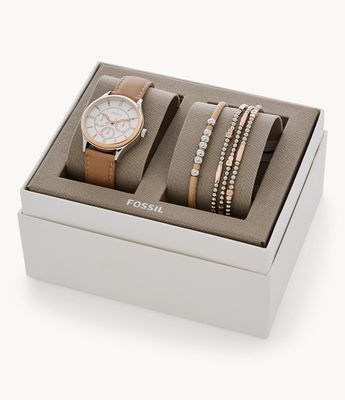 Coffret cadeau avec montre multifonctionnelle Modern Sophisticate avec bracelet en cuir havane et bijoux