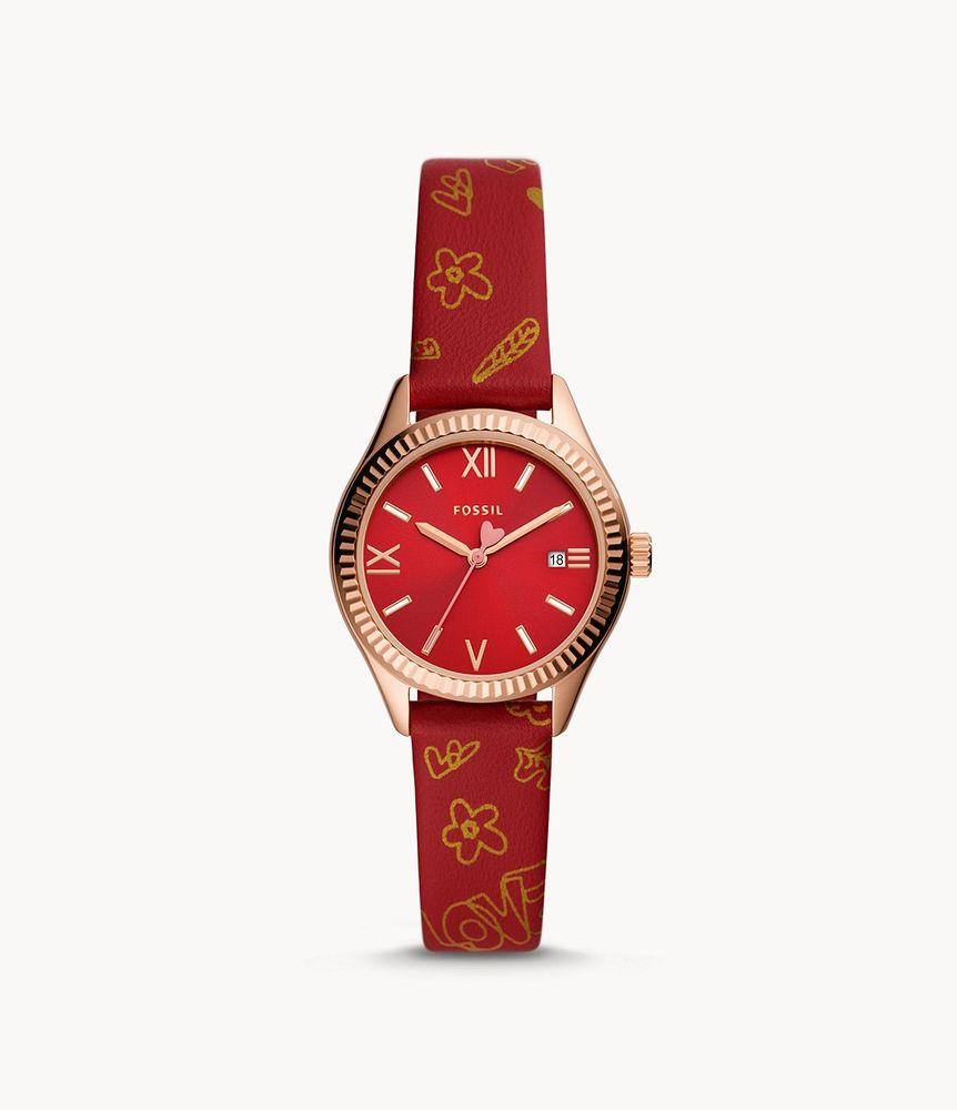 Rye Three-Hand Date Red Leather Watch - BQ3770 - Fossil