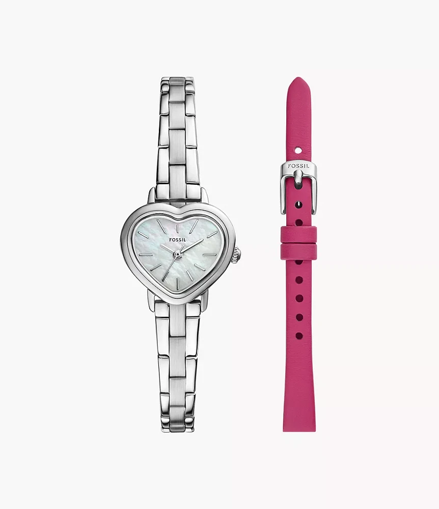 Karli Heart Three-Hand Stainless Steel Watch and Strap Set