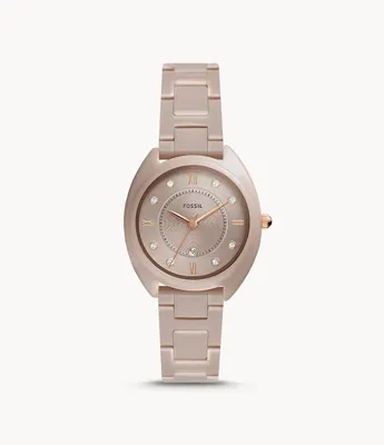 Montre  trois aiguilles avec date en acier inoxydable et en cramique caramel Gabby