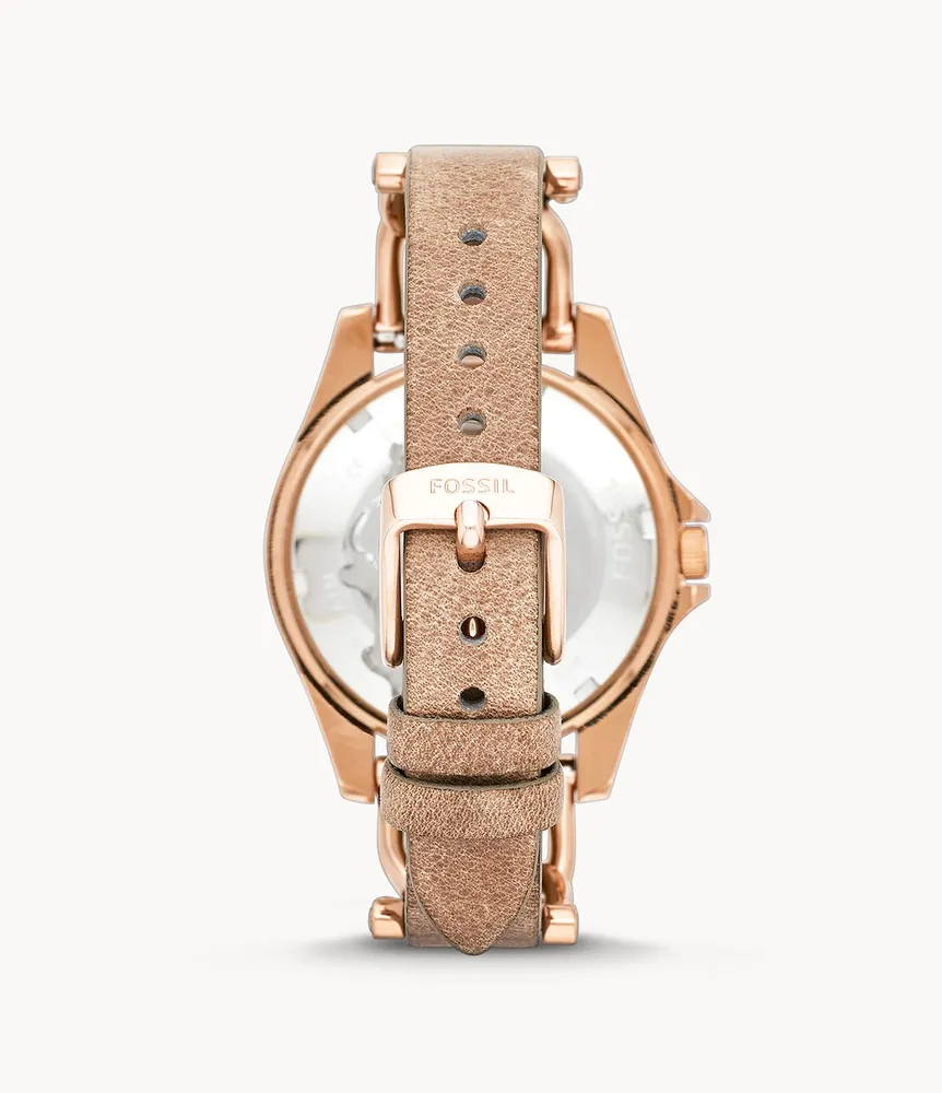 Riley Multifunction Rose Gold-Tone and Sand Leather Watch