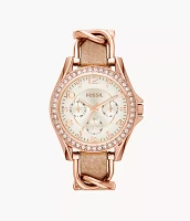 Riley Multifunction Rose Gold-Tone and Sand Leather Watch