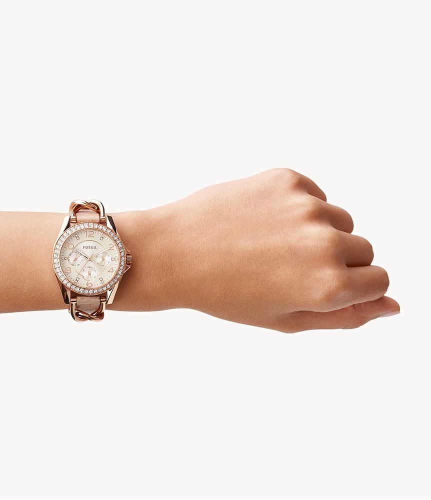 Riley Multifunction Rose Gold-Tone and Sand Leather Watch