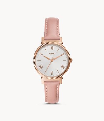 Montre Daisy  trois aiguilles en cuir rose poudr