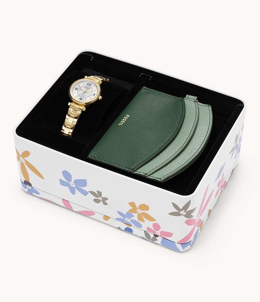 Carlie Three-Hand Gold-Tone Stainless Steel Watch and Card Case Box Set - ES5183SET - Fossil