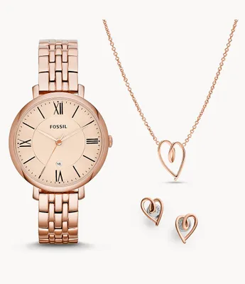 Jacqueline Three-Hand Date Rose Gold-Tone Stainless Steel Watch and Jewelry Set