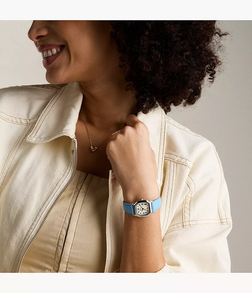 Harlow Three-Hand Light Blue Leather Watch