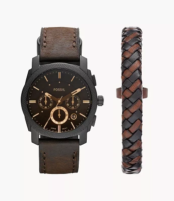 Machine Chronograph Dark Brown Leather Watch and Bracelet Box Set