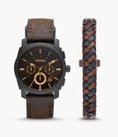 Machine Chronograph Dark Brown Leather Watch and Bracelet Box Set