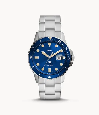 Blue Three-Hand Date Stainless Steel Watch