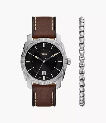 Machine Three-Hand Date Brown Leather Watch and Bracelet Set