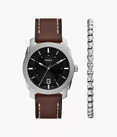 Machine Three-Hand Date Brown Leather Watch and Bracelet Set