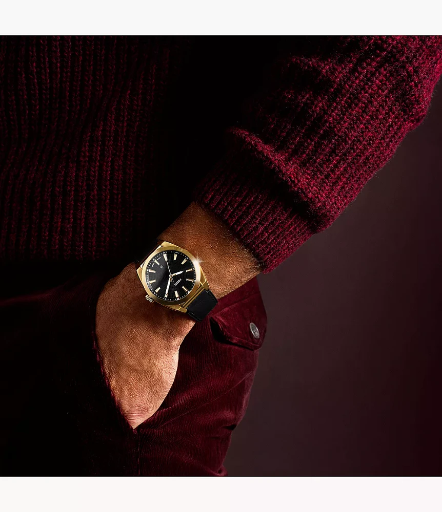 Everett Three-Hand Date Black Leather Watch