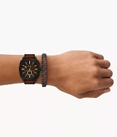 Machine Chronograph Brown Leather Watch and Bracelet Set